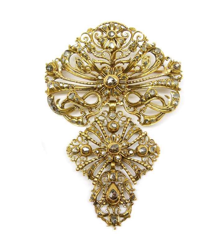 18th century rose diamond and gold matched pendant brooch